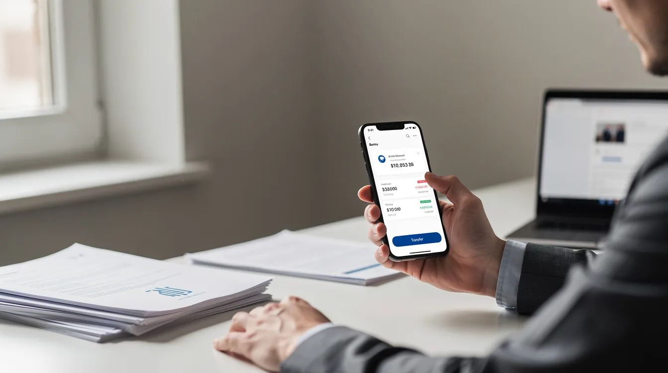 A person is sitting at a desk, using a smartphone to check their banking app, likely looking for detailed information about their account or to confirm a money transfer with Union Bank of India. The setting suggests a focus on managing funds and sending money efficiently.