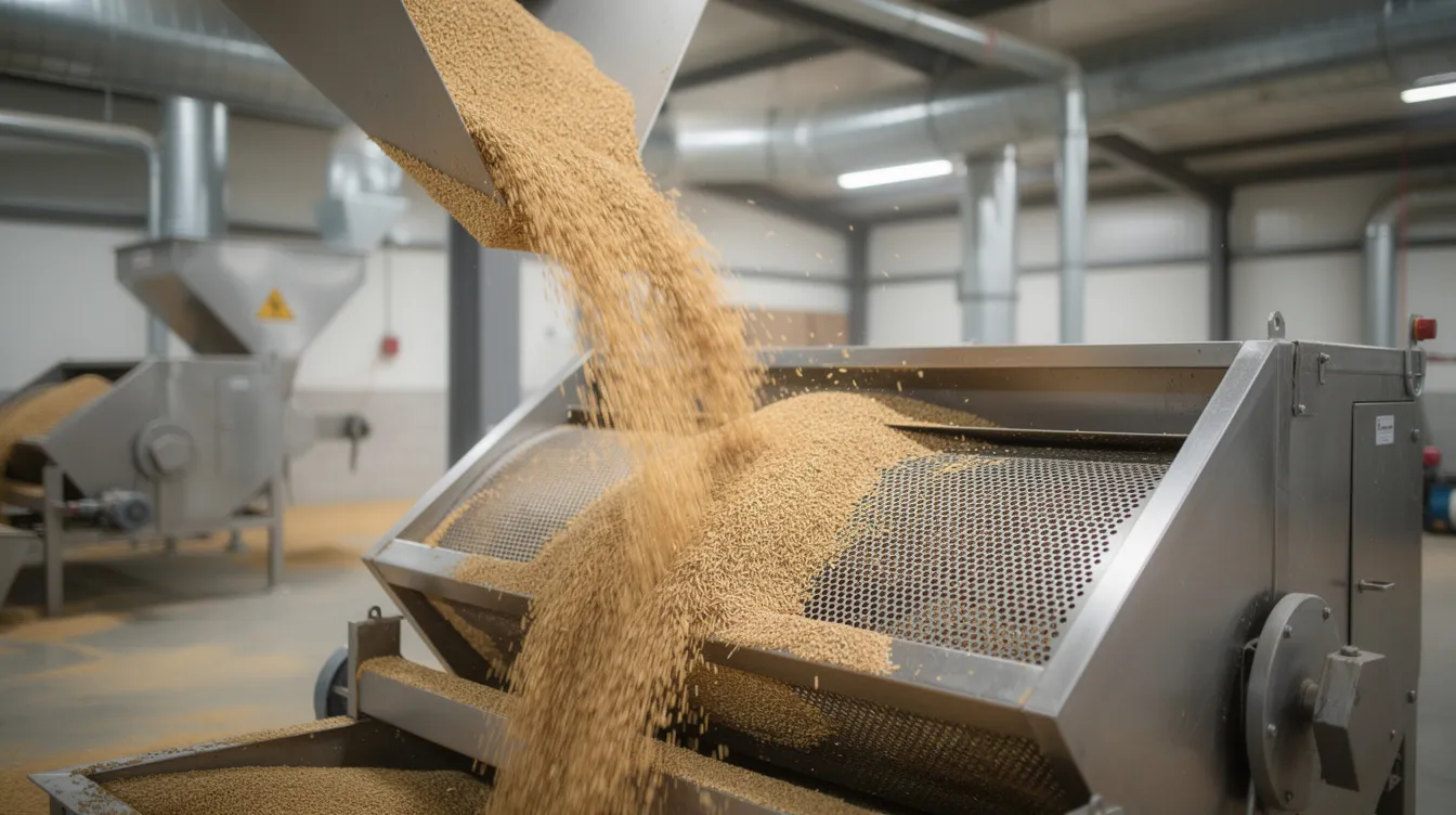 The image shows raw paddy grains being poured into a cleaning machine at a rice processing facility, highlighting a crucial step in the manufacturing process within the food processing industry. This operation is essential for preparing raw materials for further processing, such as poha manufacturing, ensuring quality and efficiency in production.