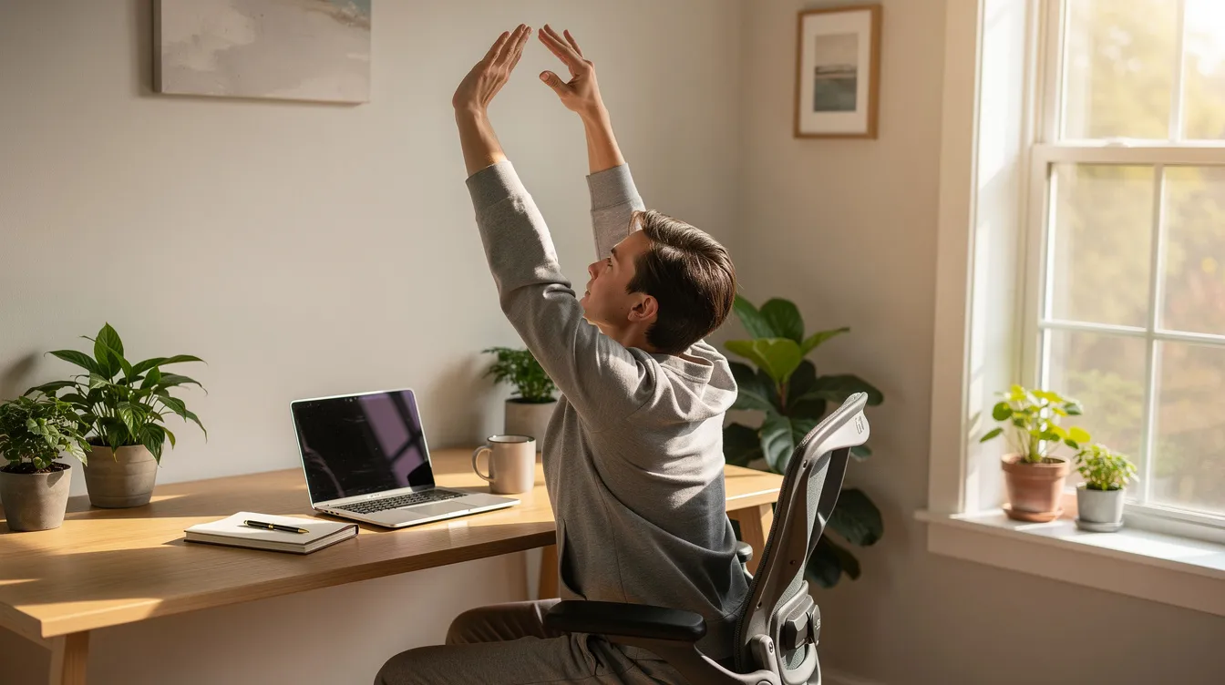 Une personne s'étire et prend une pause de son ordinateur portable à son bureau à domicile, avec la lumière du soleil qui pénètre par la fenêtre. Cette scène illustre l'importance du bien-être et de la gestion à distance dans le cadre du télétravail.