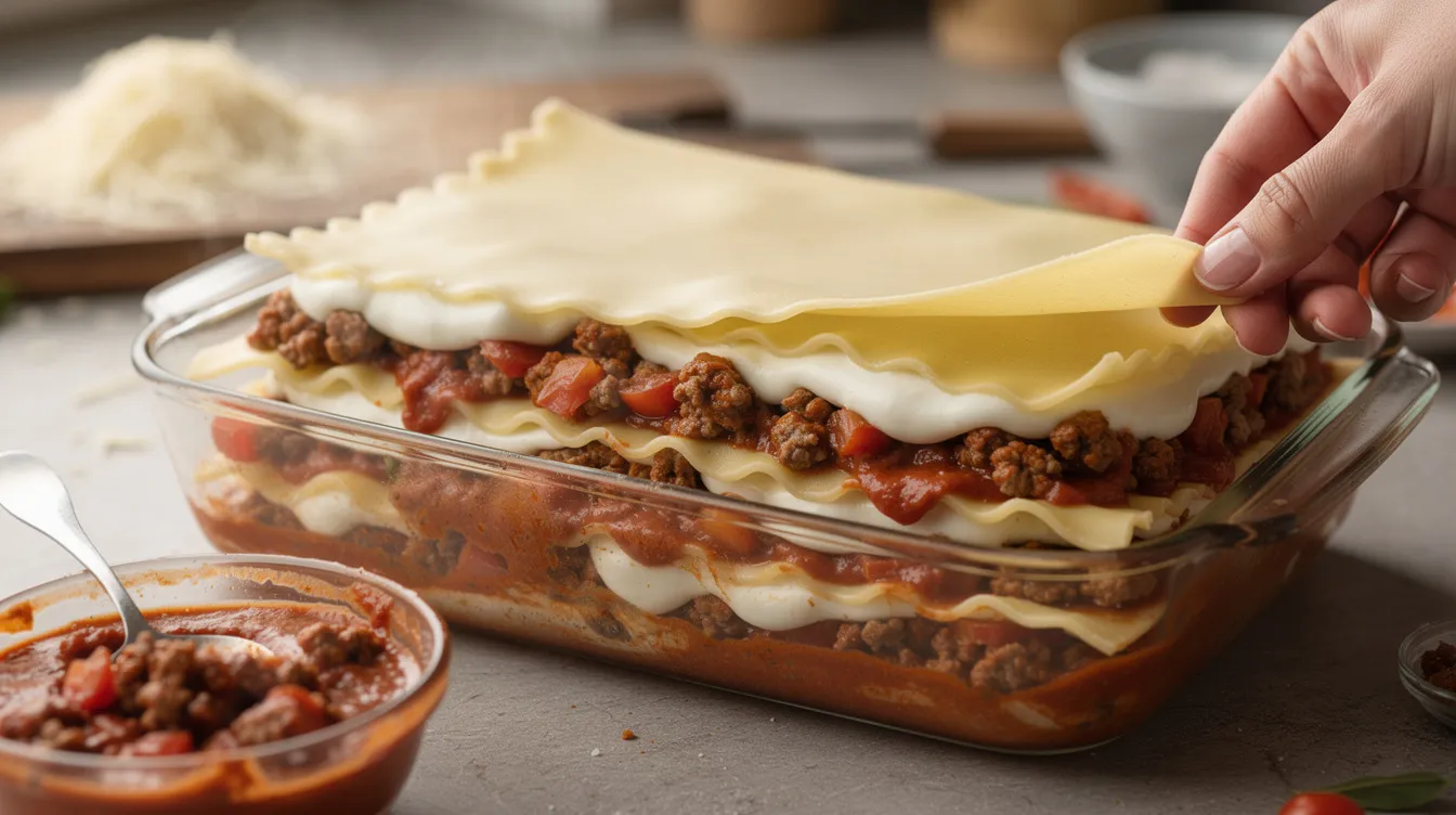 A close-up image shows layers of lasagne being assembled, featuring rich meat sauce, creamy white sauce, and delicate lasagne sheets. The vibrant colors of the ingredients highlight the classic lasagne recipe, showcasing the delicious combination of flavors that will create a golden brown dish.