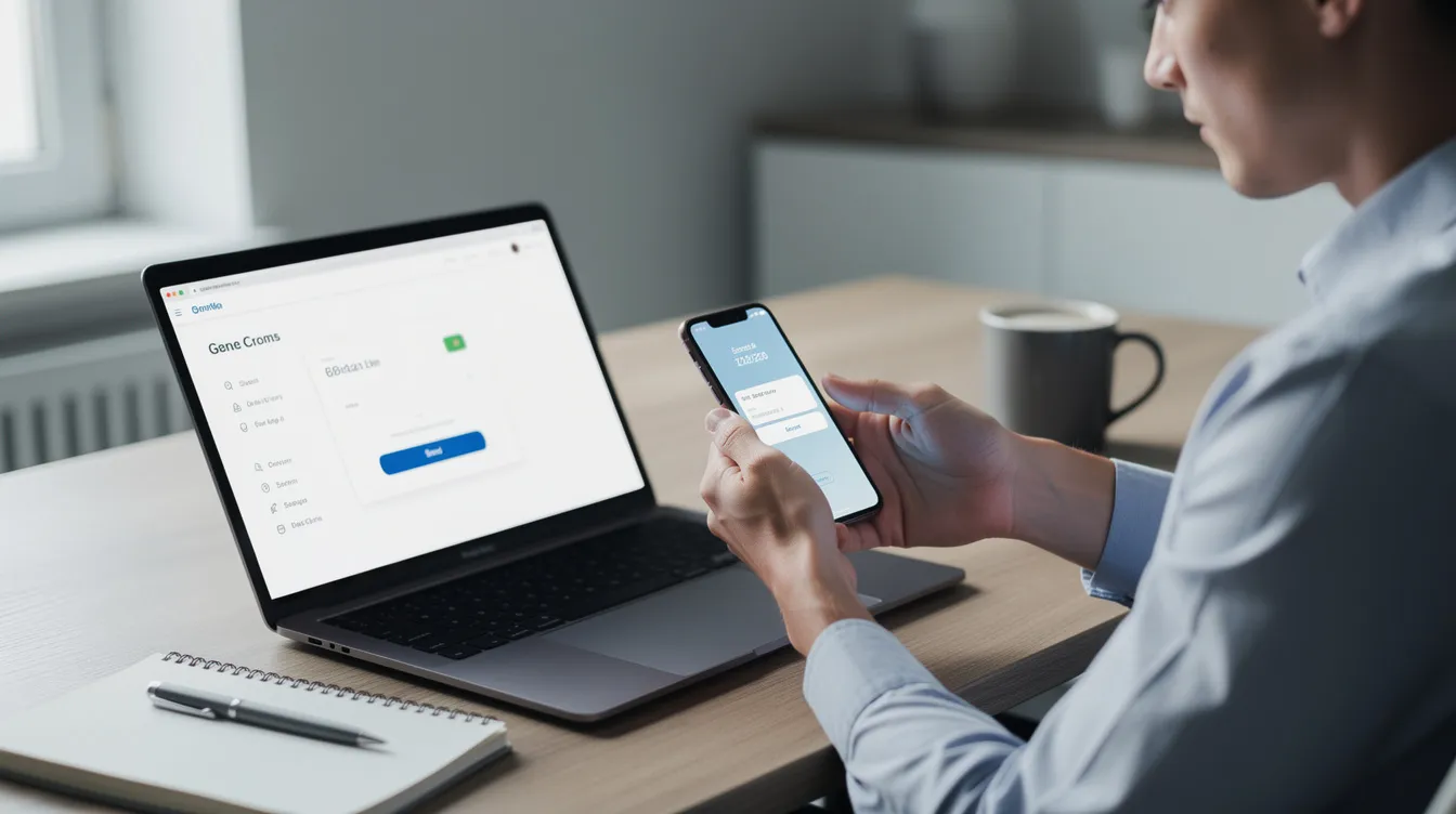 The image depicts a person sitting at a desk with a laptop open, using a smartphone to send an international payment. This scene highlights the convenience of digital payment services for managing local and global transactions, such as bank transfers and receiving payments through a Payoneer or Wise business account.