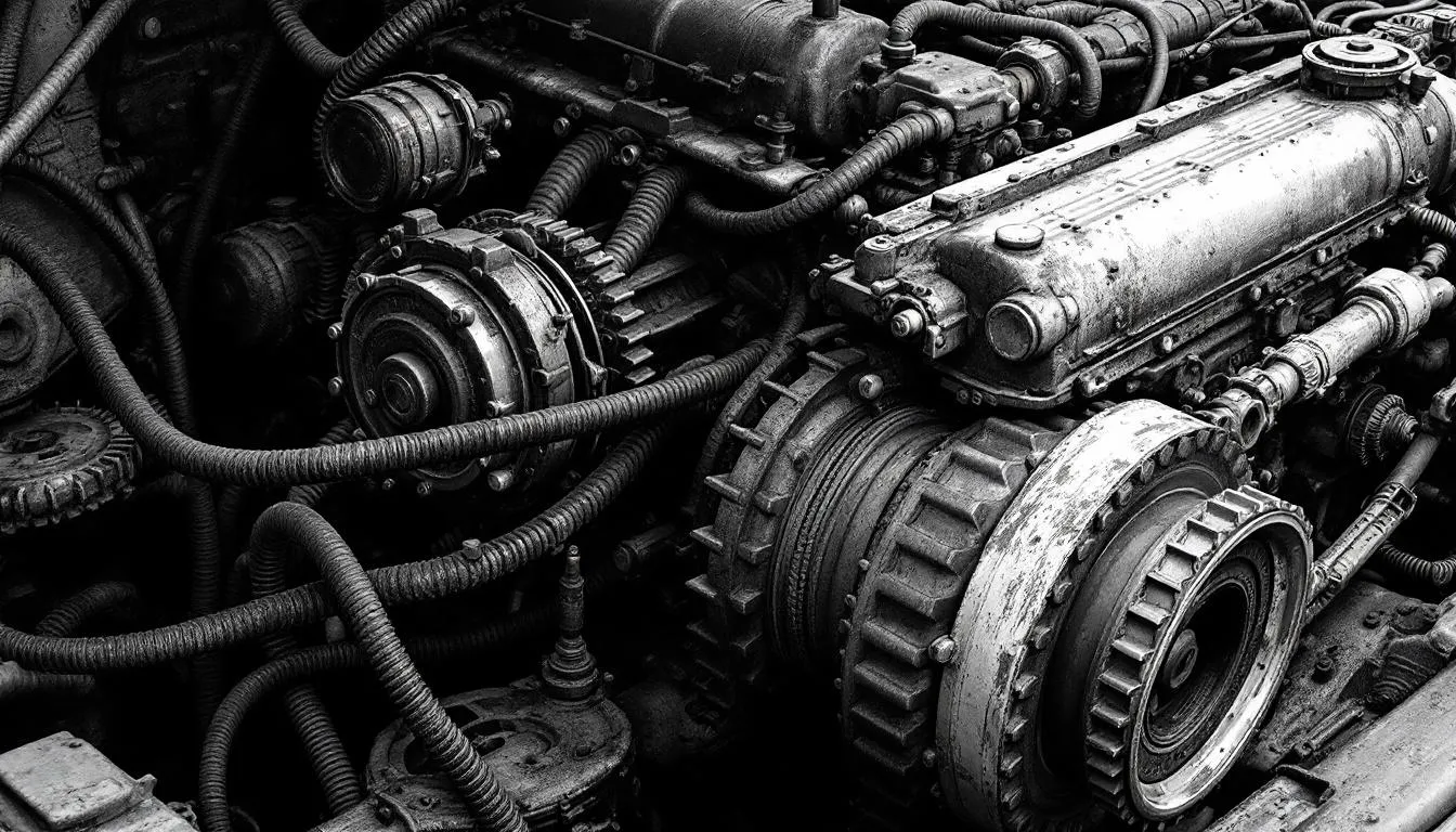 An illustration of an engine and transmission system highlighting common issues.