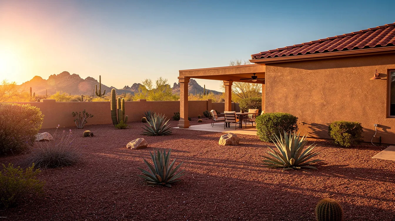 The image depicts a beautifully designed Arizona backyard featuring a combination of lush plants, decorative stone pathways, and stylish lawn furniture, all under the warm sun. This impressive landscape design creates an inviting outdoor space perfect for relaxation and entertaining.
