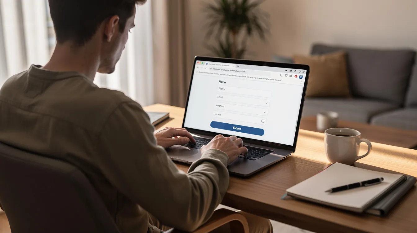 Une personne travaille sur un ordinateur portable à la maison, remplissant des formulaires en ligne pour une demande de visa. Elle semble concentrée, entourée de documents et d'un environnement de travail confortable, probablement en train de préparer des informations nécessaires pour voyager au Canada.