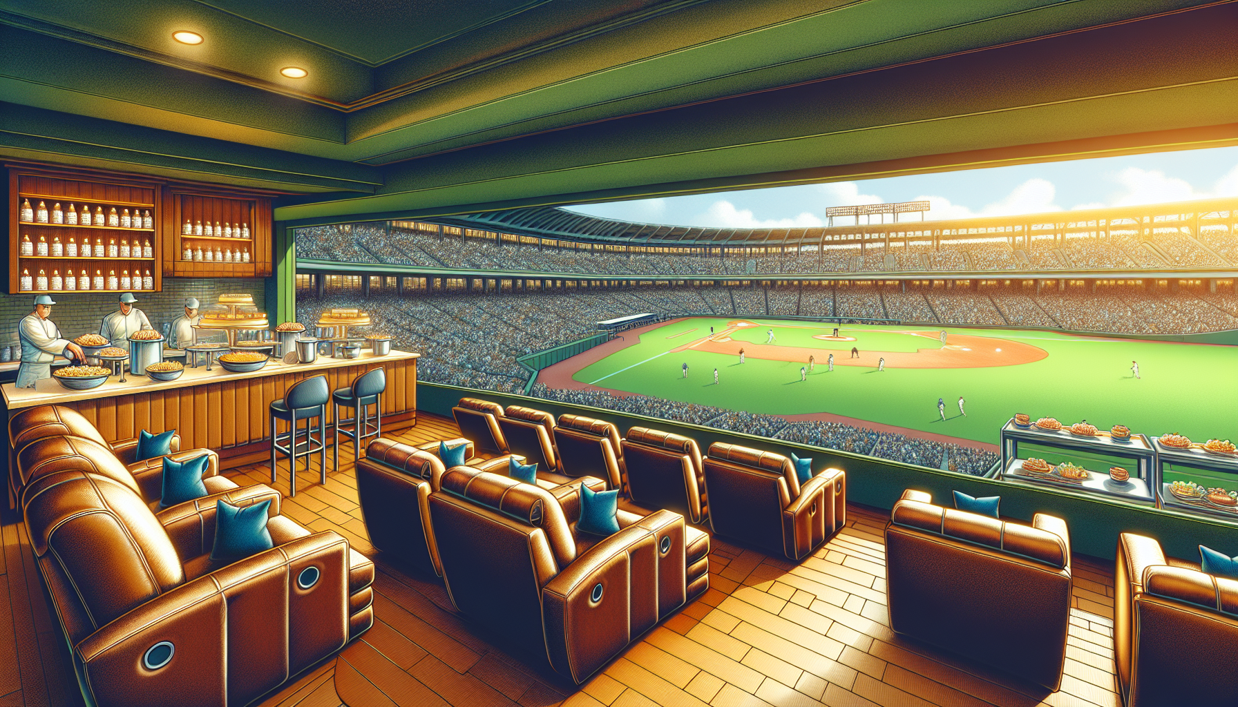 Illustration of a luxurious box seating area at a baseball stadium