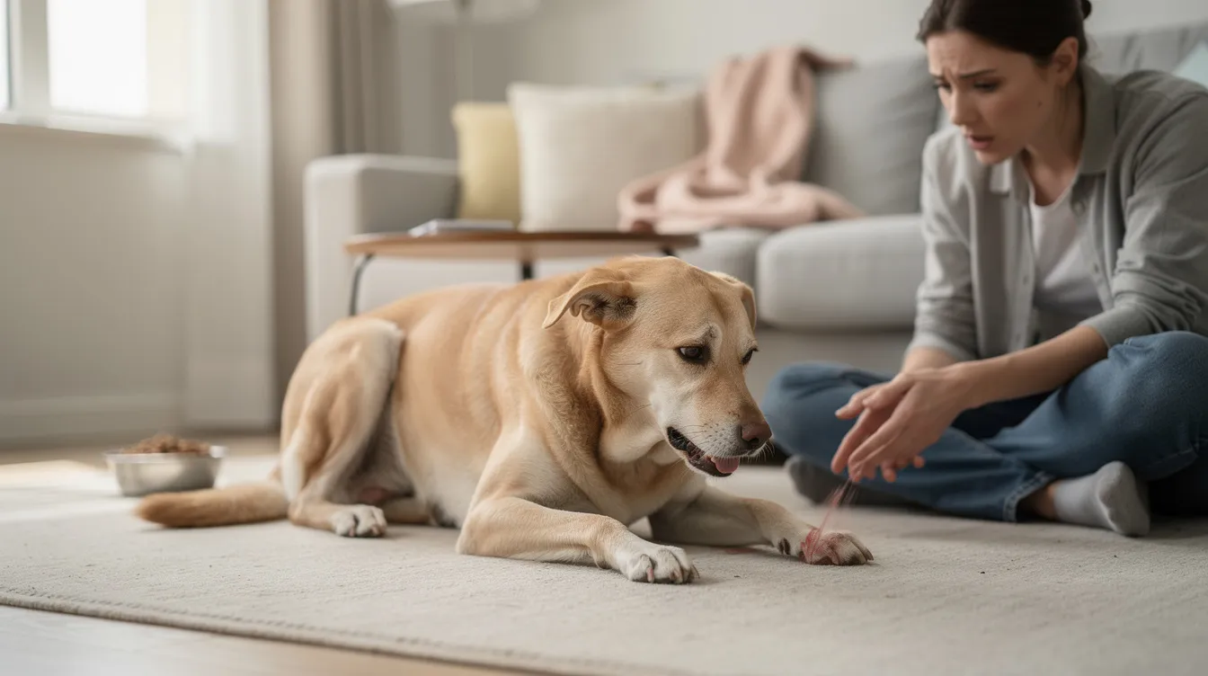 The image depicts a dog exhibiting signs of pain, characterized by a hunched posture, flattened ears, and a hesitant stance, which may indicate discomfort or suffering. This visual serves as an important reminder for pet owners to recognize the subtle behavioral changes and physical signs that could suggest their dog is experiencing pain.