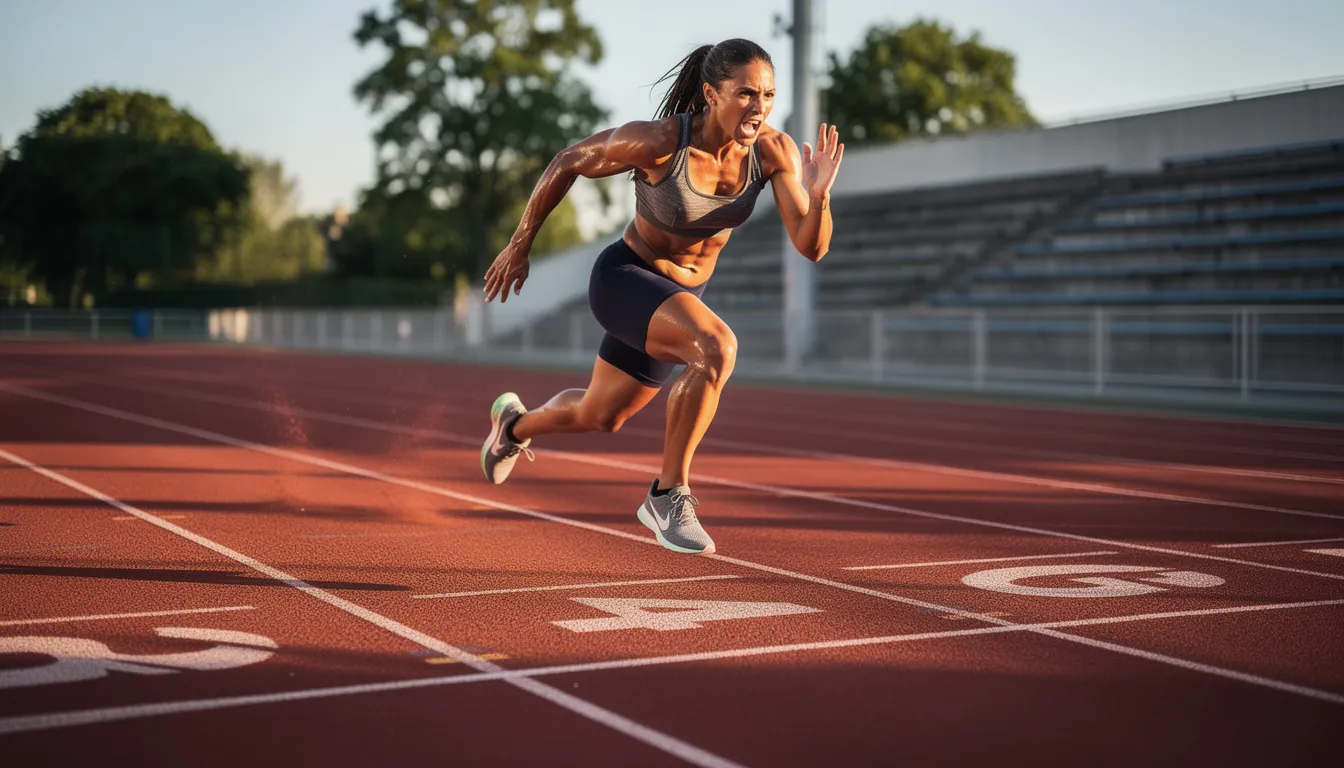 A person is sprinting at high intensity on an outdoor track, showcasing their athletic performance and dedication to training. This scene highlights the importance of creatine supplementation in supporting muscle growth and enhancing exercise performance, especially during intense workouts.