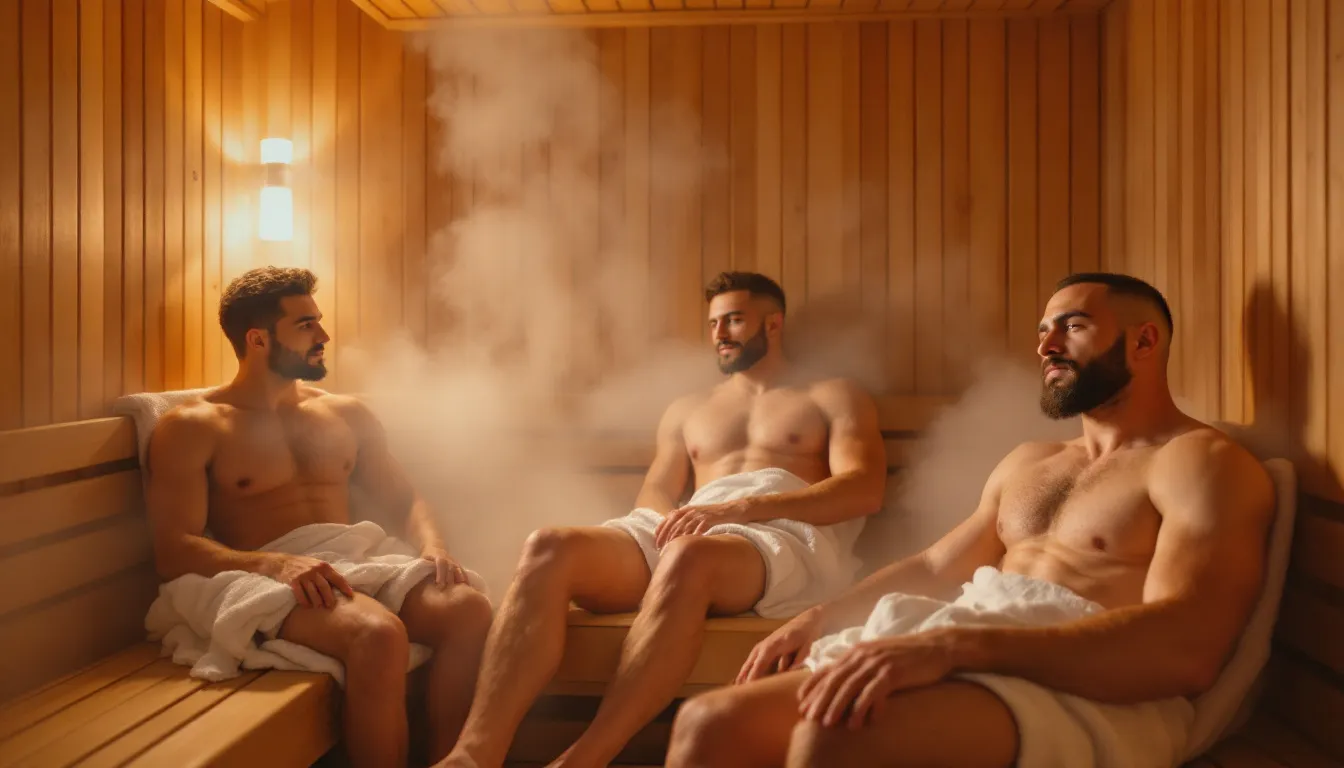 Athletes in a sauna room, promoting muscle recovery through regular sauna sessions.