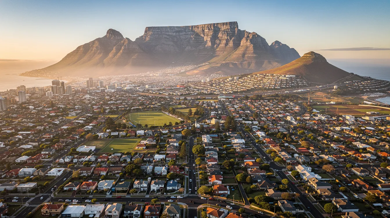 An aerial view captures the sprawling suburbs of Cape Town, with the majestic Table Mountain in the background, showcasing a vibrant urban landscape. This scene reflects the beauty of the area where residents may rely on services like expert DSTV signal repair to ensure uninterrupted entertainment.