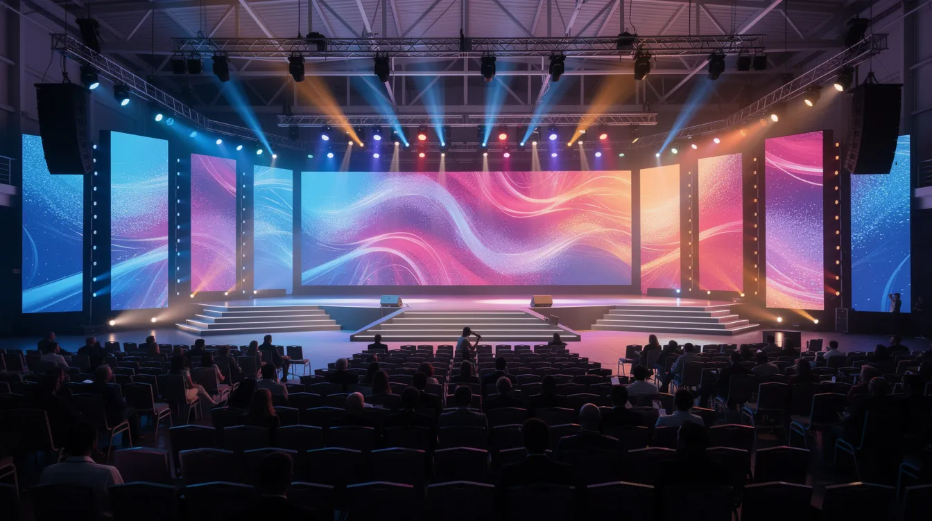The image shows a wide view of a professional event stage set up for corporate events, featuring vibrant colorful lighting and large LED screens, with neatly arranged audience seating in a spacious venue. This setup is designed to create unforgettable experiences and elevate the connection between the event and its audience.