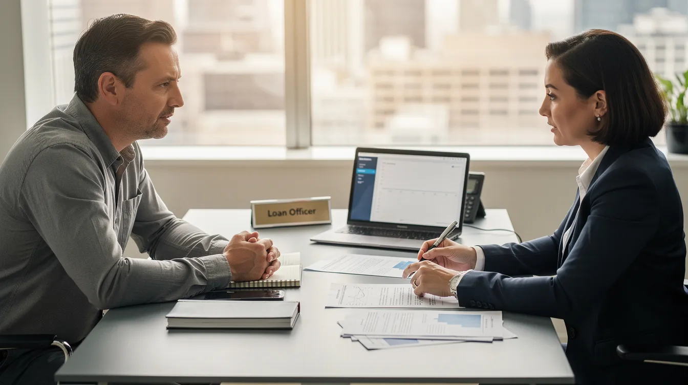 The image shows a small business owner engaged in a discussion with a bank officer at a desk filled with documents, likely related to a loan application for financial assistance, such as a mudra loan. The setting suggests a focus on evaluating the business's financial stability and creditworthiness, with the officer reviewing necessary documents like income proof and a business plan.