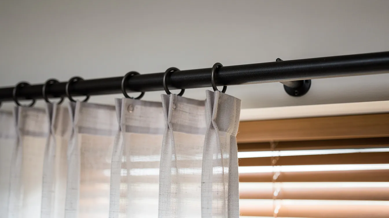 Na zbliżeniu widoczny jest czarny metalowy karnisz z kółkami, zawieszony nad jasnymi zasłonami, które delikatnie opadają na tle okna z drewnianymi żaluzjami. Całość tworzy estetyczną aranżację wnętrza, idealną dla osób poszukujących inspiracji do stylu boho w salonie.