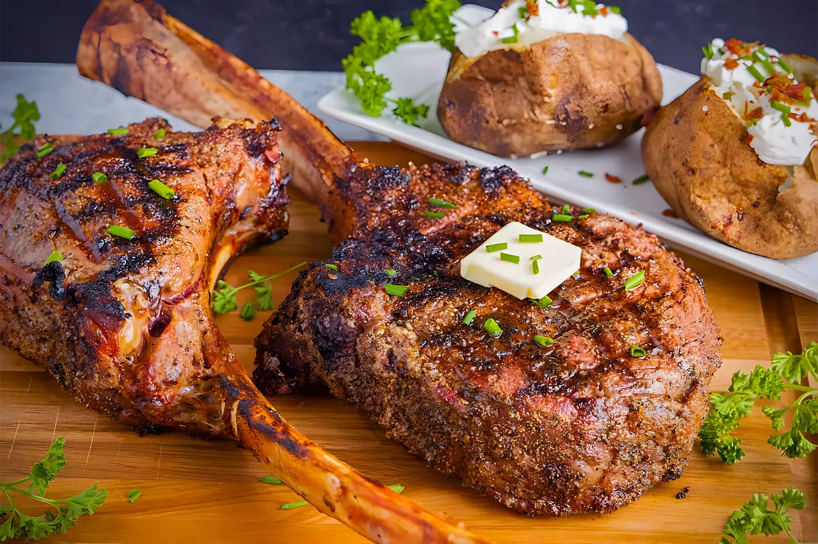 Two grilled tomahawk steaks garnished with chives and butter on a wooden board, accompanied by baked potatoes topped with sour cream and bacon bits.