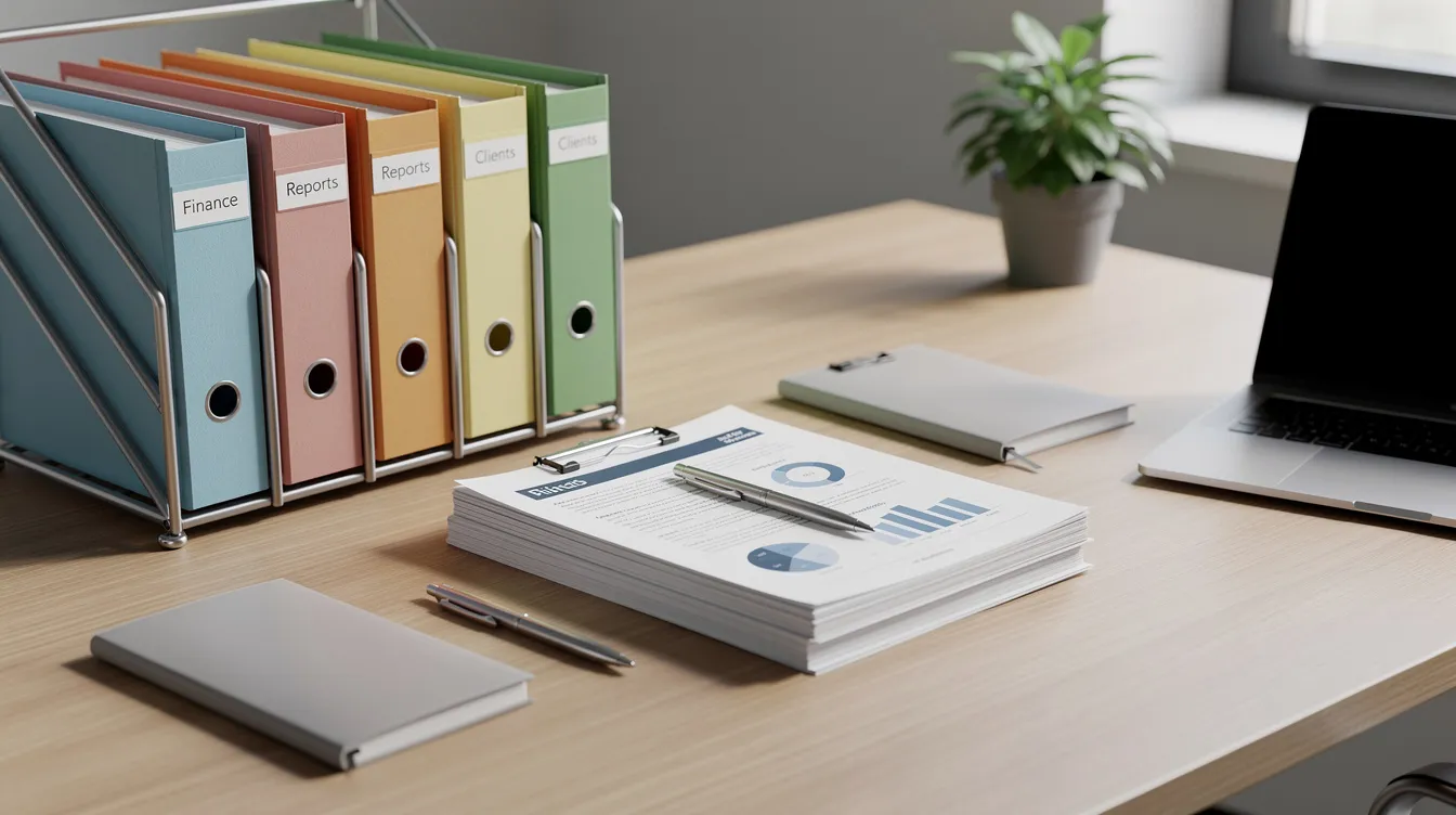 A neatly organized professional desk with file folders and documents related to registered apprenticeship documentation requirements