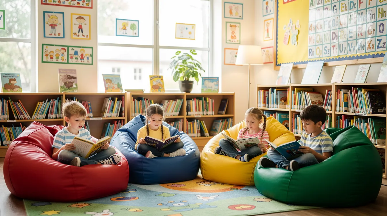 In a bright elementary classroom reading corner, young children are comfortably seated on colorful bean bag chairs, surrounded by vibrant decor and books. The soft, durable fabric of the bean bags provides a cozy spot for the kids to curl up and enjoy their reading time.