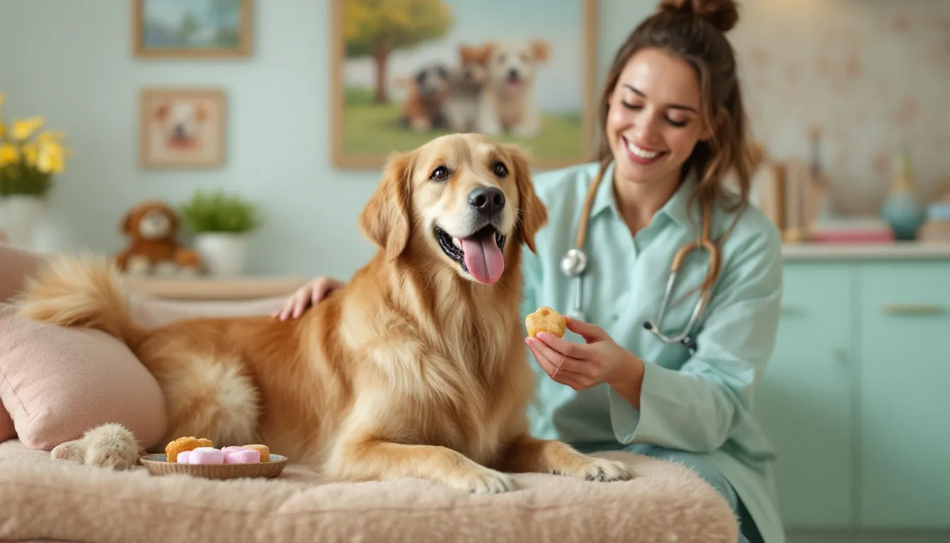 A happy dog enjoying treats during a visit to the veterinary clinic, showcasing a stress free experience.