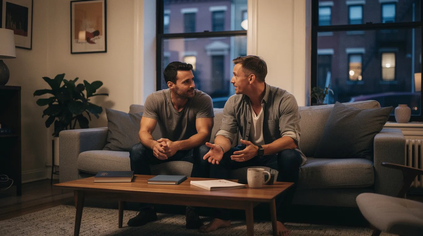 The image depicts an attractive, gym-fit gay male couple in their late 30s sitting closely together in a stylish Brooklyn apartment during the evening. One partner leans forward in an engaged manner, listening intently as the other speaks, capturing a moment of emotional vulnerability and trust that reflects the depth of their monogamous relationship amidst the warm, ambient lighting and view of Brooklyn brownstones outside.