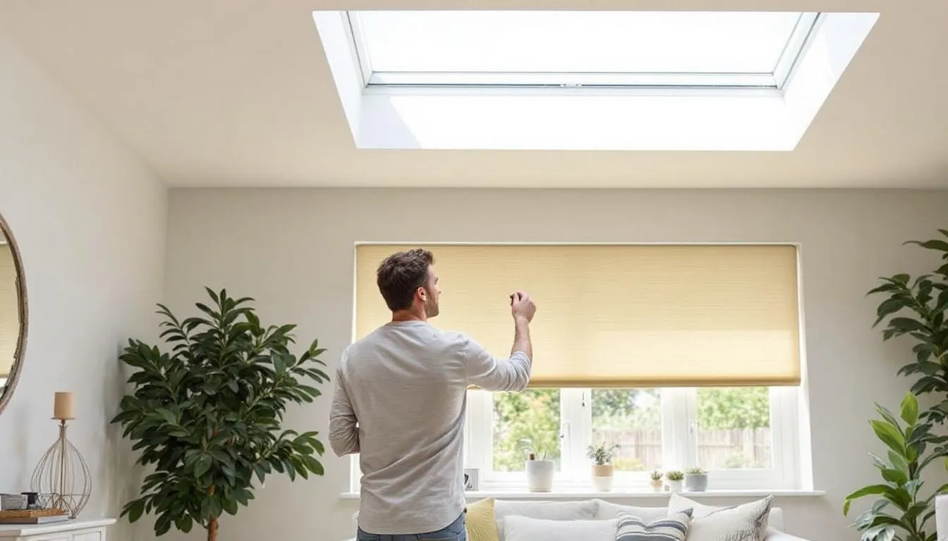 A homeowner selecting between light filtering and blackout skylight shades.