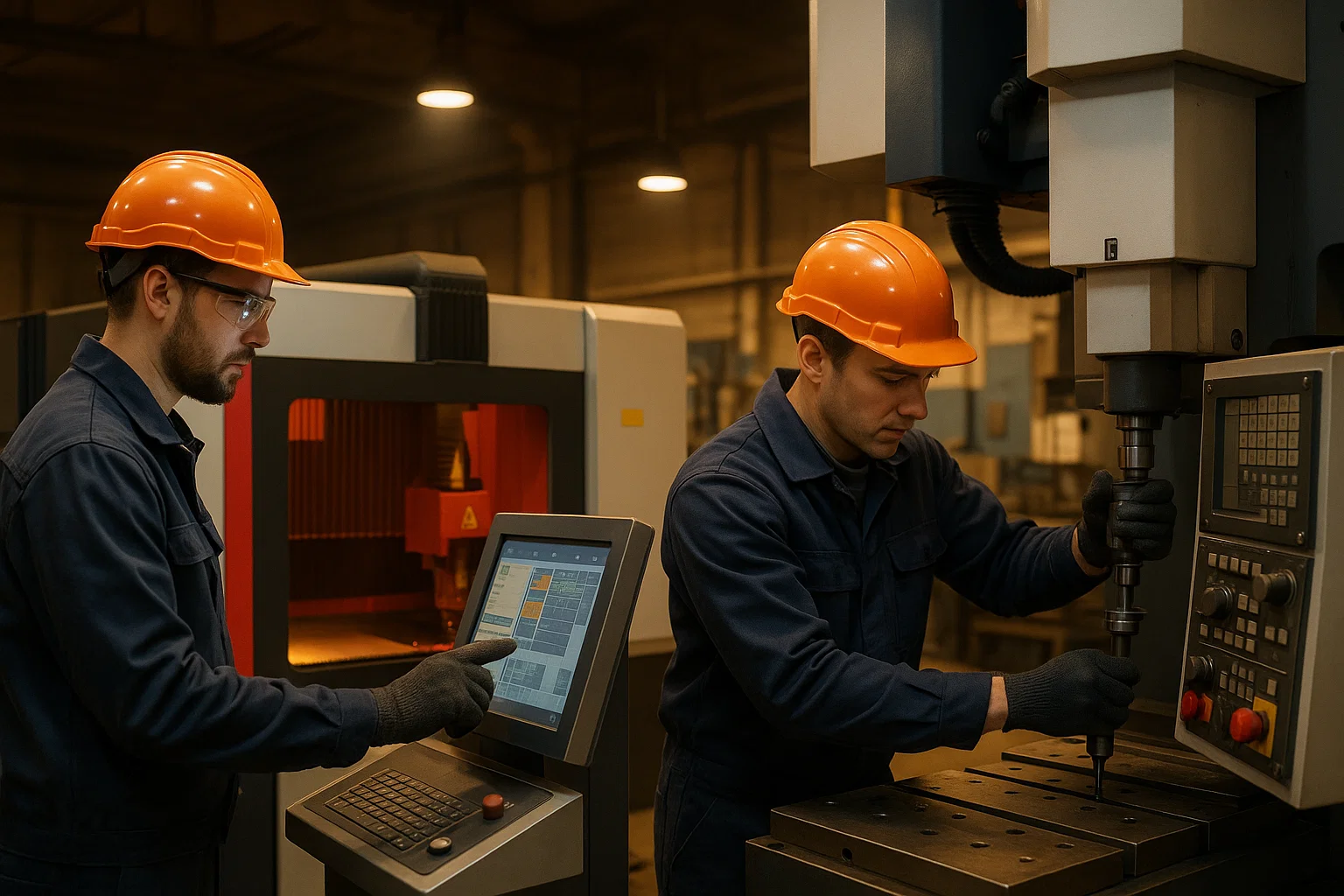 Operators working on CNC and laser machines highlighting training and labour differences in fabrication.