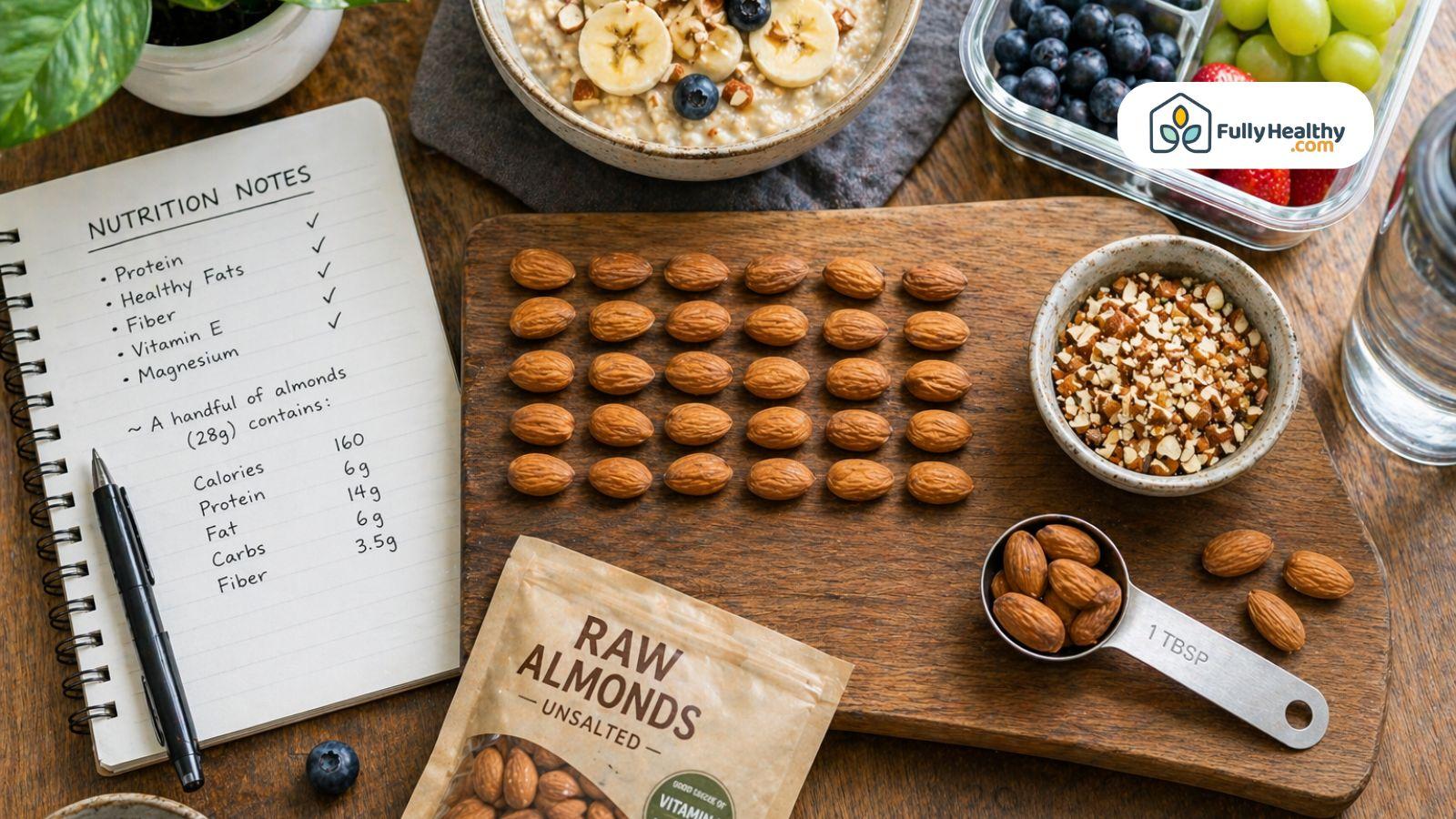 Almond nutrition flat lay with oats fruit chopped almonds and notes
