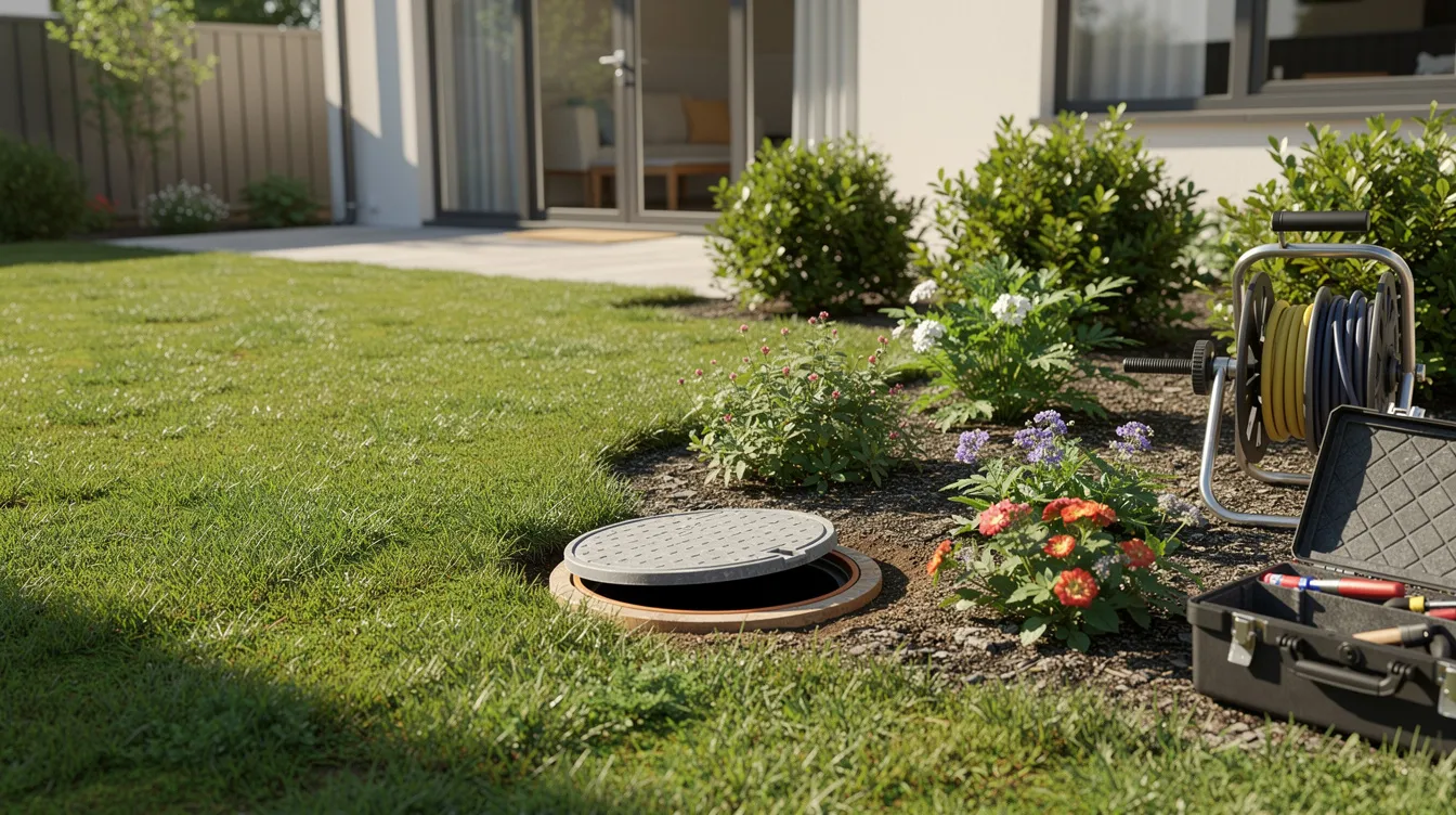 The image depicts a residential backyard featuring a small trenchless pipe repair access point surrounded by lush green landscaping. This access point is crucial for addressing potential drainage problems and ensuring the plumbing system functions properly, particularly for effective drain cleaning services.
