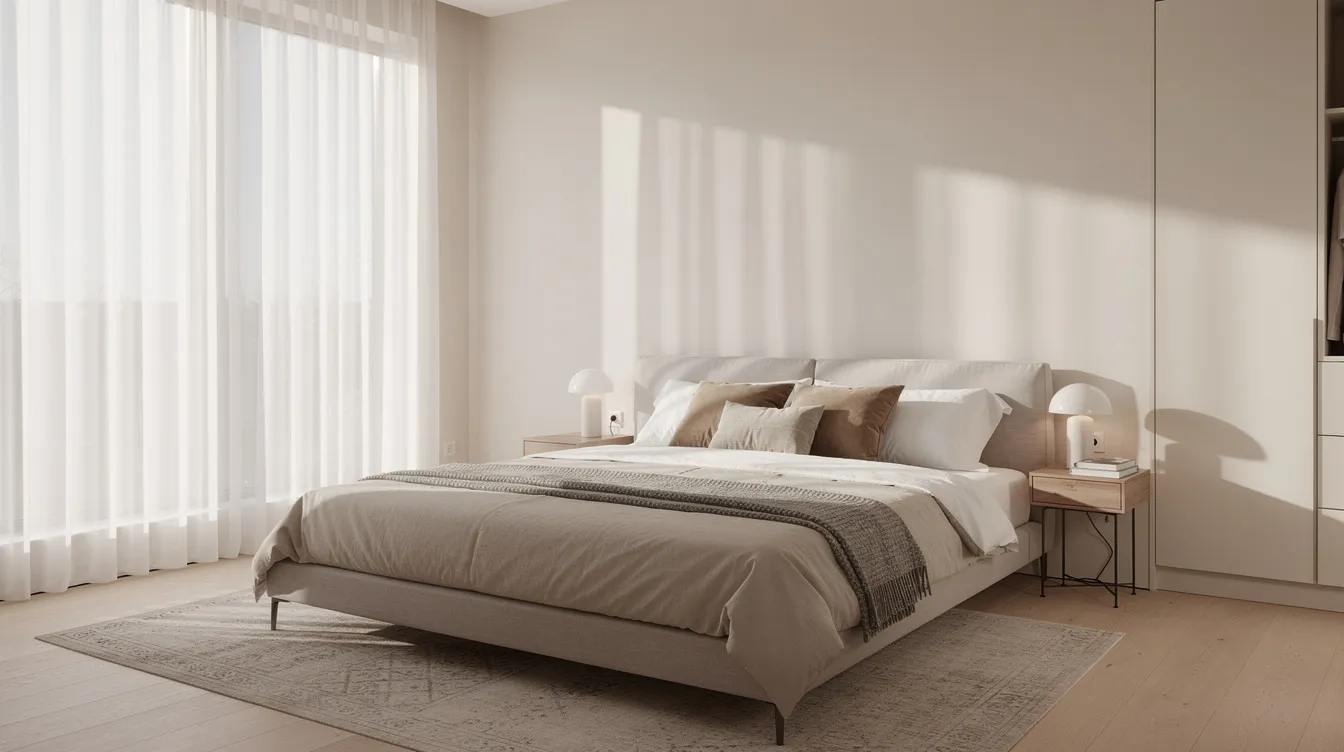 The image showcases a modern minimalist bedroom featuring a neatly made queen bed with layered bedding in neutral tones. Natural light filters through sheer curtains, creating a serene atmosphere ideal for a good night's sleep.