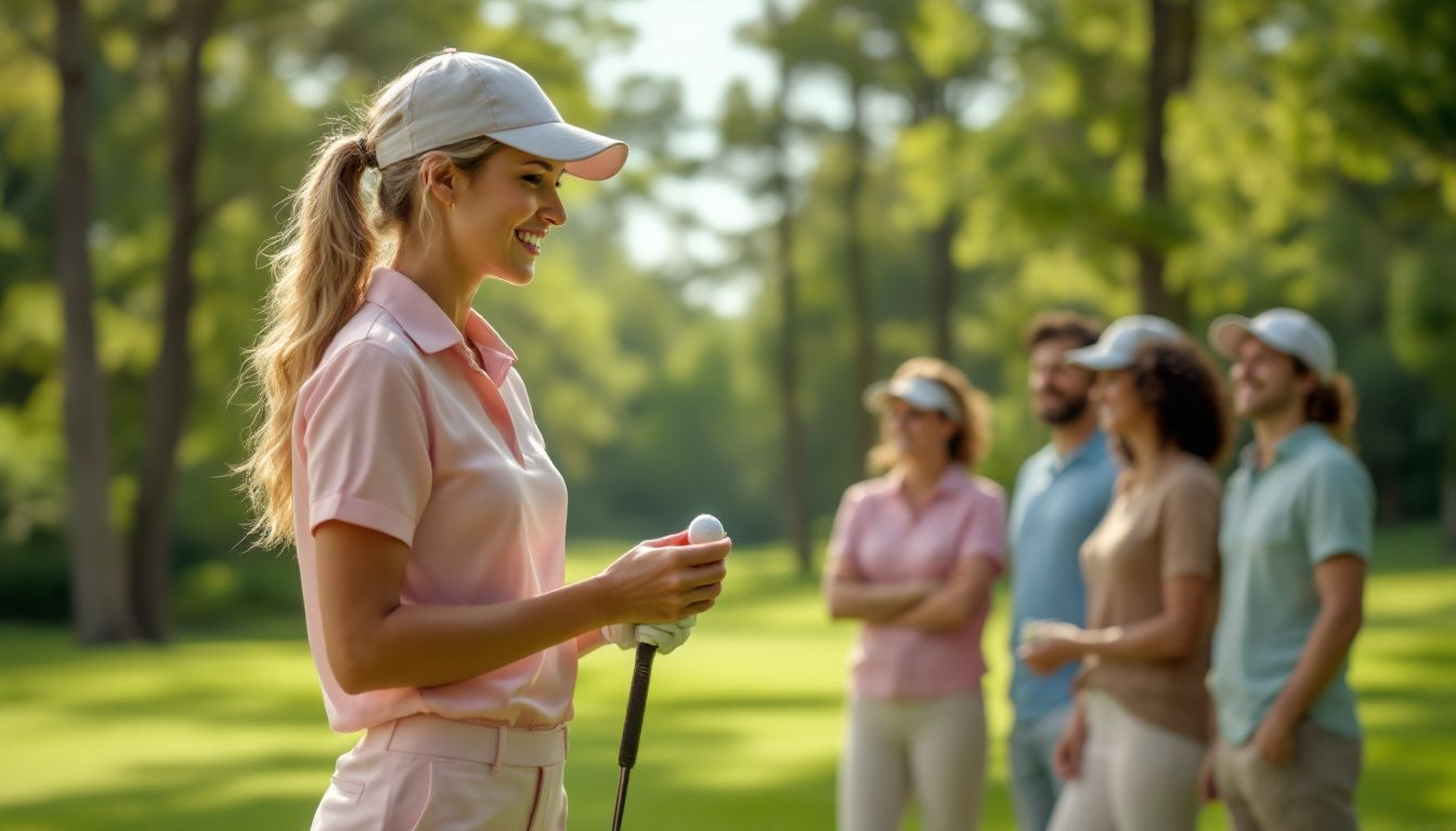 An instructor demonstrating short game techniques to beginner golfers.