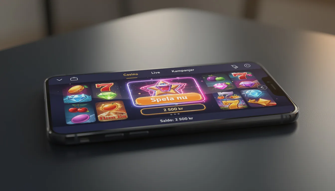 En smartphone visar ett modernt casinogränssnitt med färgglada spelautomater, där användaren kan se olika slots och alternativ för insättningar och uttag. Gränssnittet ger en känsla av ett online casino med snabba uttag och ett brett utbud av spel, perfekt för nya spelare som vill spela hos speedy casino.