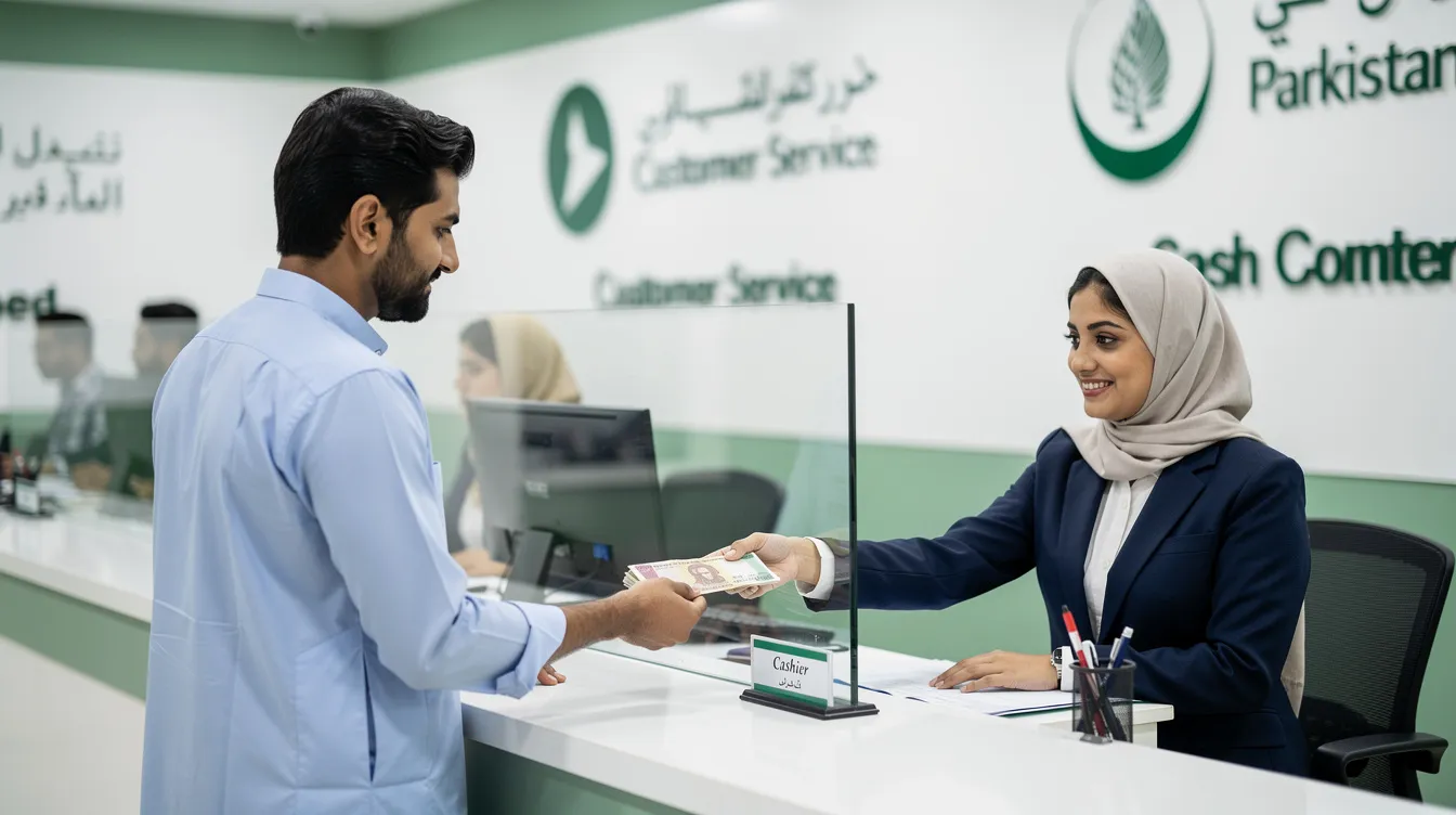 A person is standing at a bank counter in a Pakistani bank branch, receiving cash from a teller. The scene reflects a typical transaction involving international money transfer services, showcasing the process of sending money abroad.