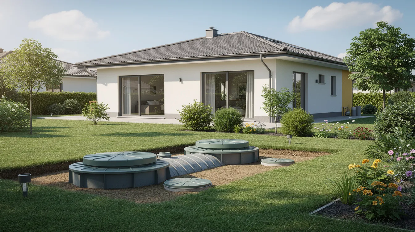 L'image montre une micro station d'épuration enterrée dans un jardin verdoyant, avec une maison en arrière-plan. Ce système d'assainissement non collectif est intégré harmonieusement dans le paysage, soulignant l'importance du traitement des eaux usées dans un milieu naturel.