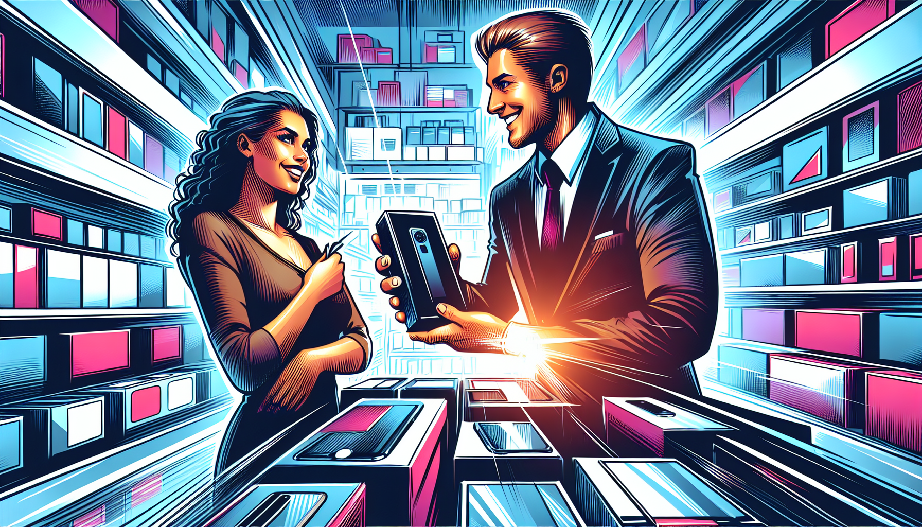 Illustration of a salesperson presenting an upgraded product to a customer