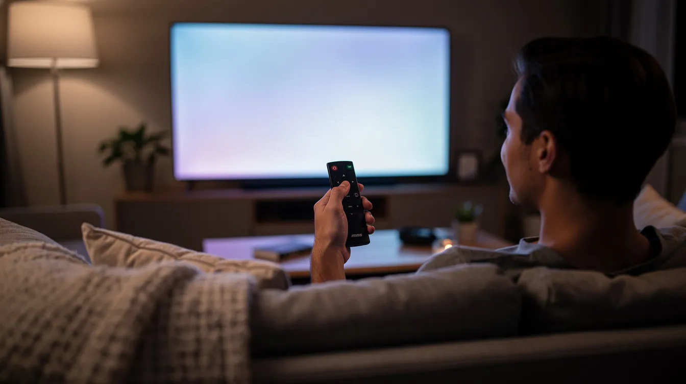 A person is comfortably seated on a couch, holding a streaming remote, with a glowing TV screen in the background displaying vibrant content. This scene captures the essence of modern entertainment, highlighting the convenience of IPTV services in Canada for smooth streaming experiences.