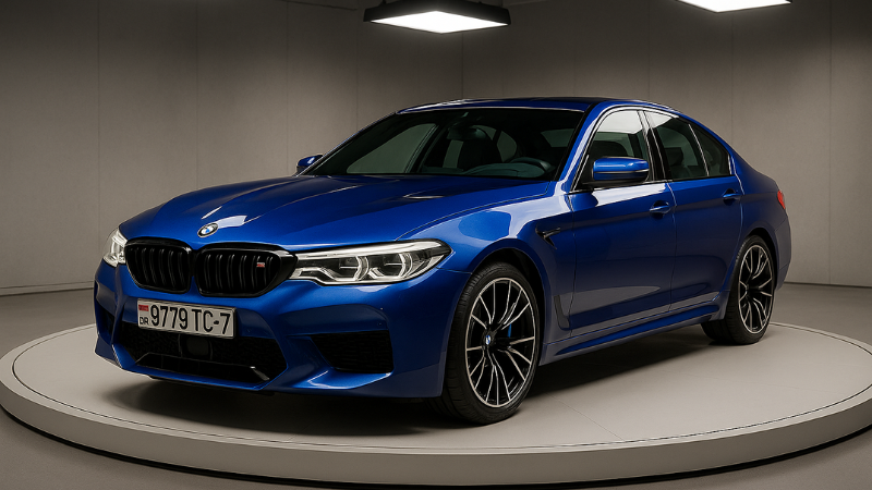 A BMW wrapped in metallic blue vinyl wtap