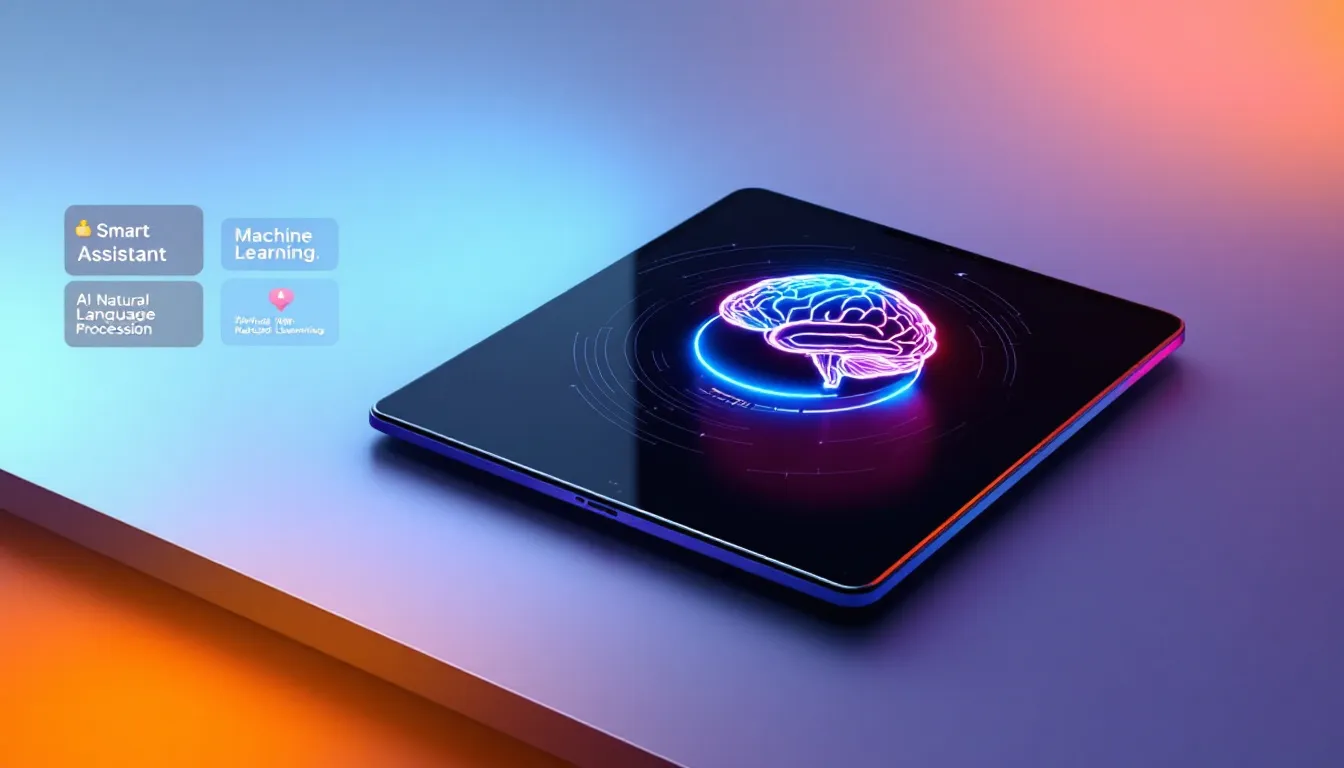 Erweiterte KI-Funktionen in iPadOS 18 mit einem iPad und KI-Elementen.