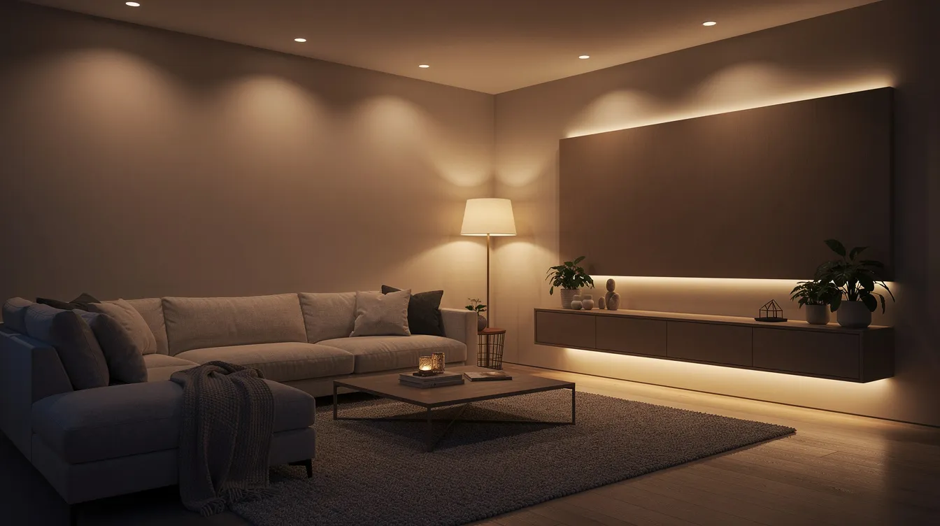 Das Bild zeigt ein gemütliches Wohnzimmer am Abend, beleuchtet von warmem, gedimmtem Licht aus verschiedenen Quellen wie Deckenspots und indirekter Beleuchtung. Die Atmosphäre vermittelt Komfort und Entspannung, während moderne KNX Smart Home Technologien für eine intelligente Steuerung der Beleuchtung sorgen.