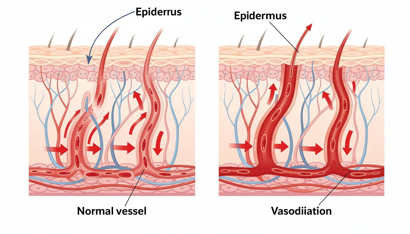The illustration depicts blood vessels near the skin surface undergoing vasodilation, with arrows indicating the expansion of blood flow. This visual representation highlights the process that can lead to skin flushing, a common side effect associated with niacin, which is a form of vitamin B3 important for cardiovascular health and cellular energy.