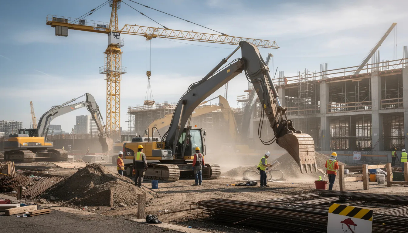 The image depicts a busy construction site where workers are operating heavy equipment, including cranes and excavators. The scene highlights the importance of occupational safety and health, as exposed workers are at risk of excessive noise levels that could lead to noise-induced hearing loss if proper personal hearing protection is not used.