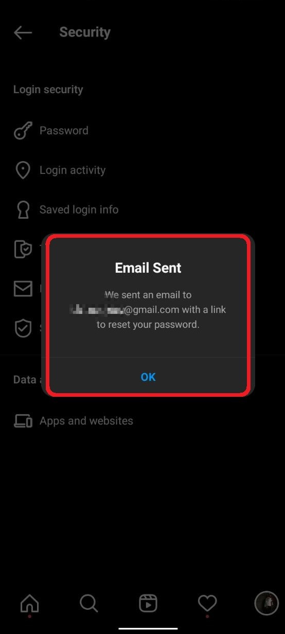 Popup message to show that a password reset link has been sent to your mail 