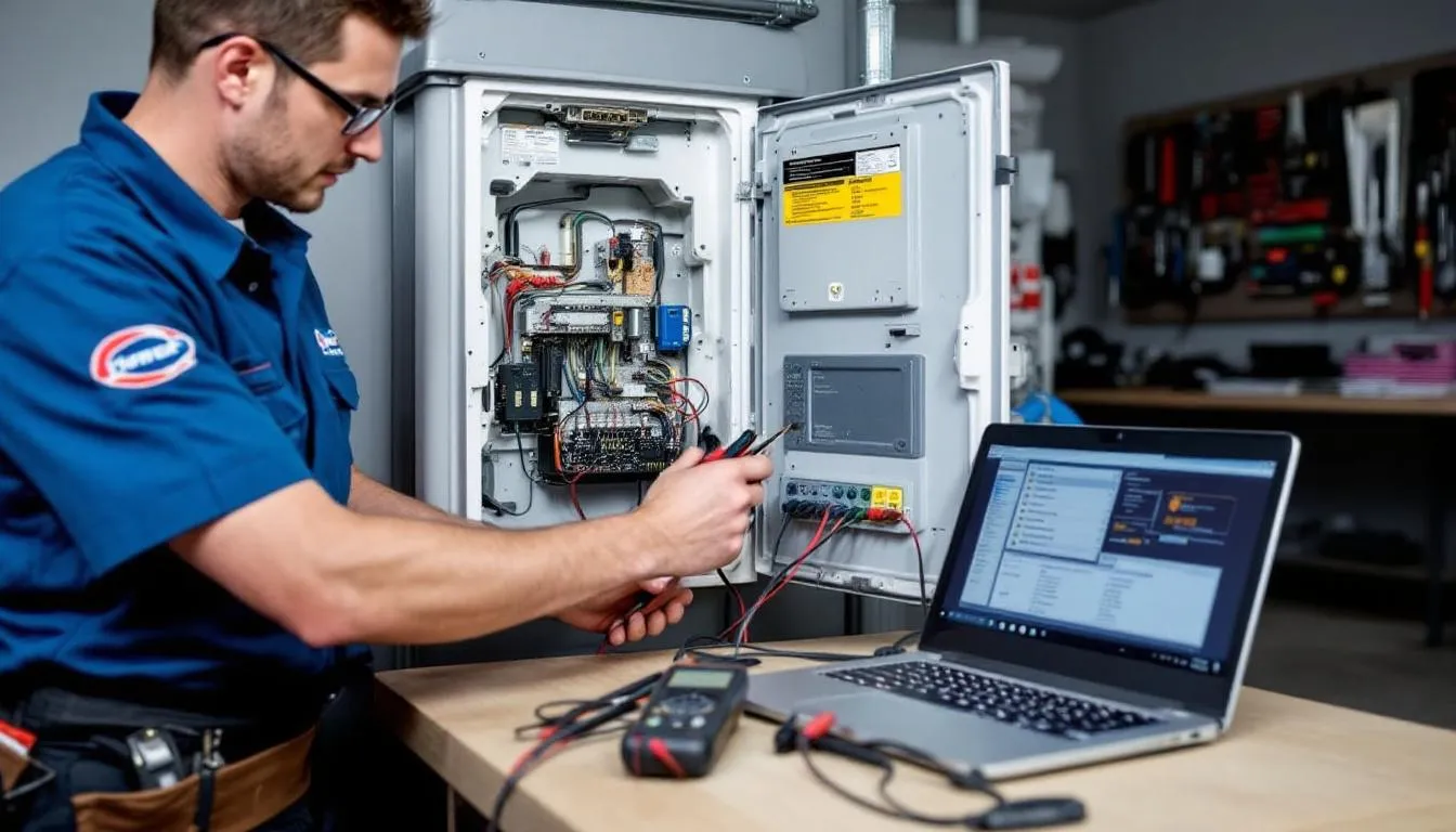 A professional technician is focused on repairing a hot tub control panel using various diagnostic tools, ensuring that the spa is functioning properly for relaxation. The technician's expertise reflects a commitment to quality service and reliable repairs for customers in Melbourne, Florida.