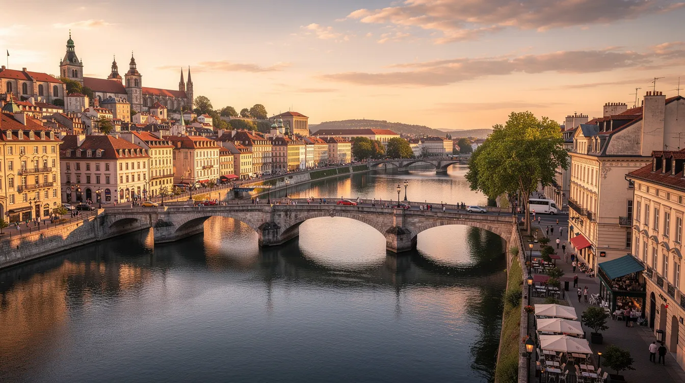 The image depicts a panoramic view of a picturesque European city, showcasing a historic bridge arching over a serene river, surrounded by charming architecture. This scene reflects the essence of cross-border euro payments and the importance of financial institutions in facilitating swift and SEPA transfers across participating European countries.