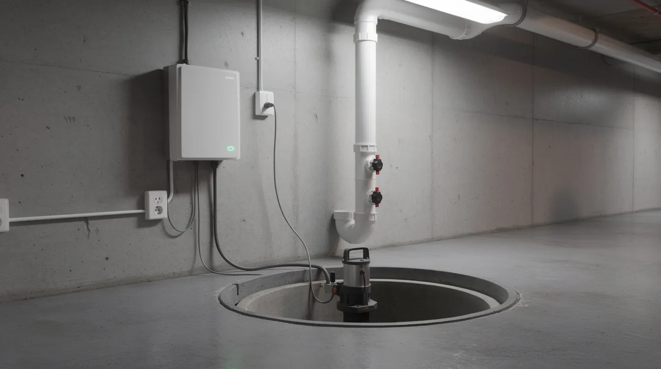 The image shows a battery backup unit installed next to a primary sump pump in a residential basement, designed to prevent flooding and protect the home's foundation during power outages. This setup ensures efficient operation and regular maintenance to avoid water damage and mold growth in the Phoenix area.