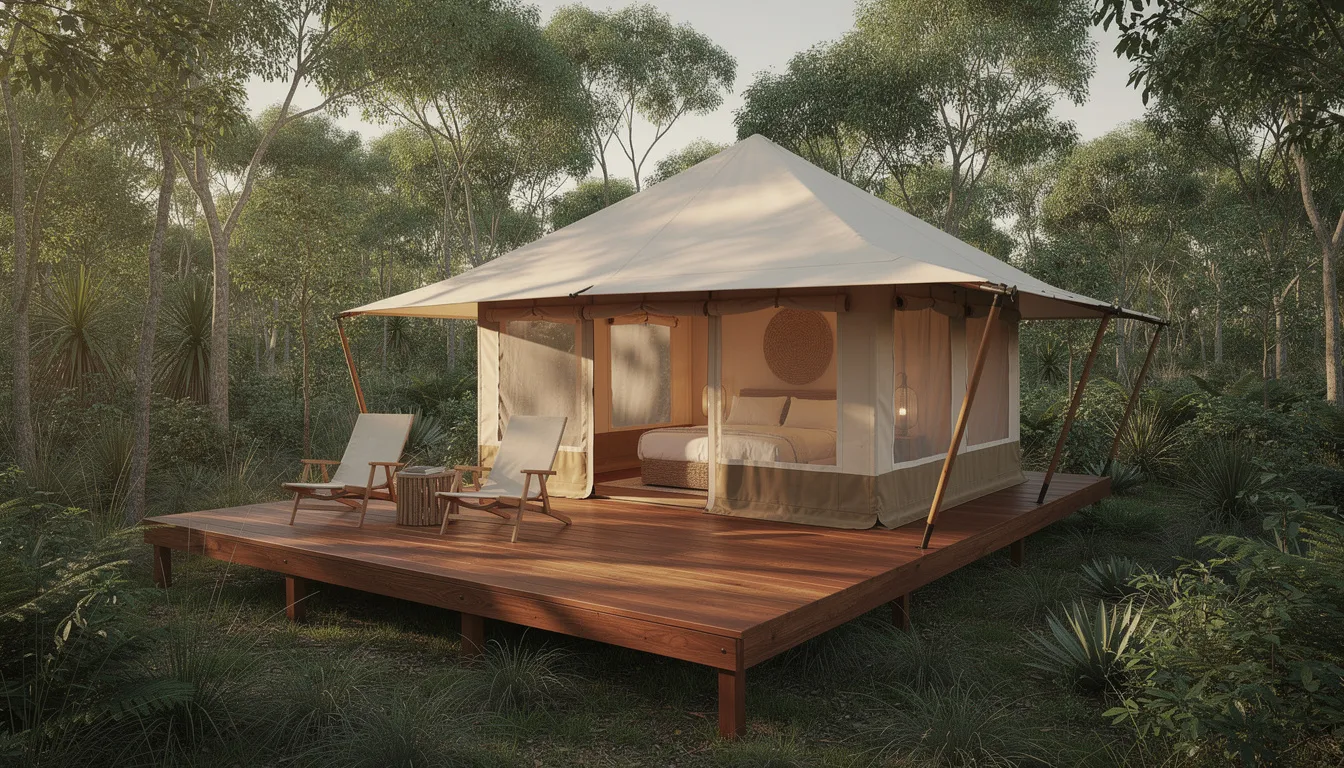 A luxury eco tent with a canvas roof is perched on a raised wooden deck, surrounded by lush native bushland, offering guests a comfortable and immersive stay in nature. This eco-friendly accommodation features a queen bed and a charcoal grill, providing a perfect blend of style and sustainability for a memorable glamping experience.