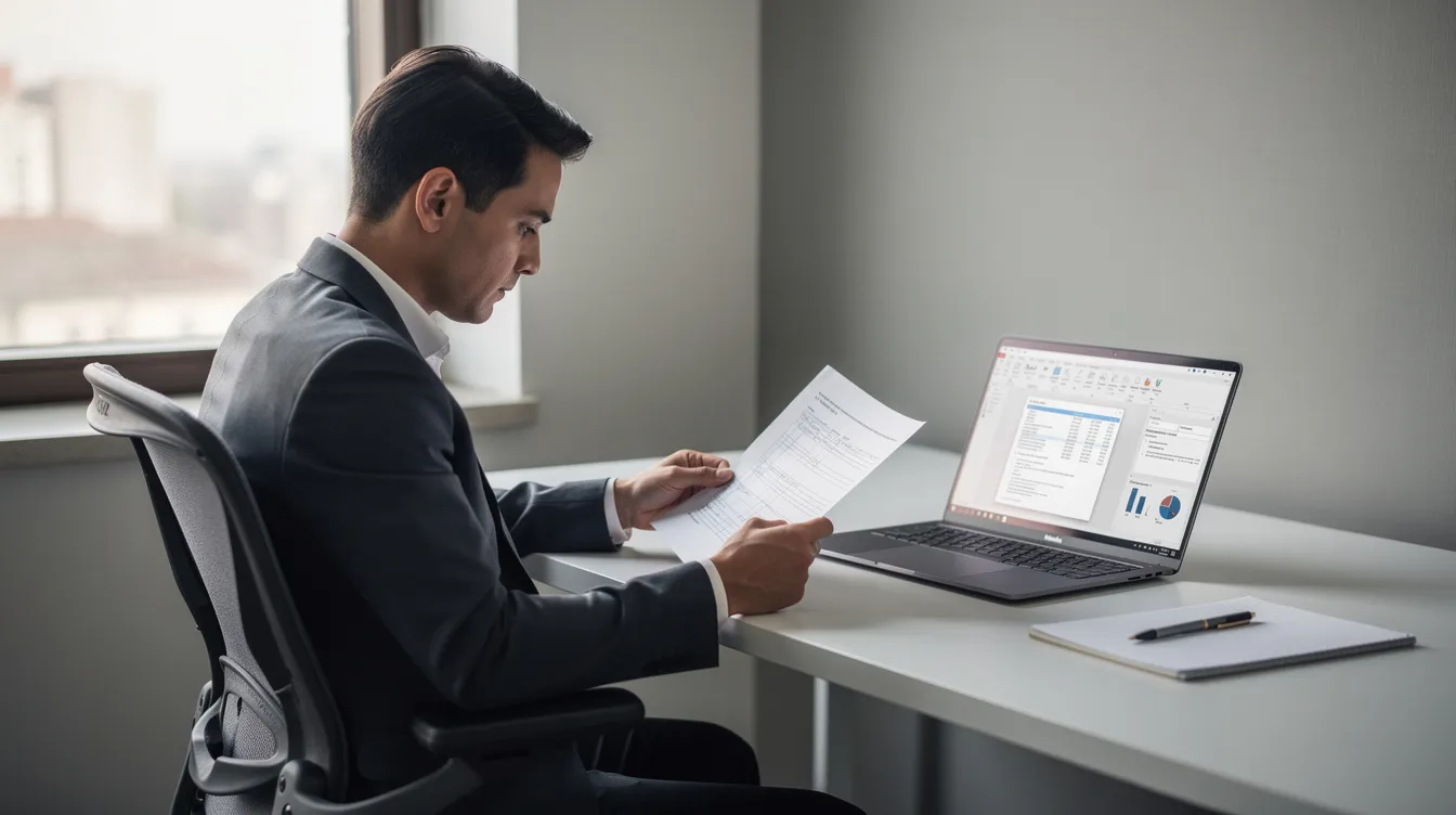 A person is sitting at a desk, focused on reviewing paperwork and a laptop screen, likely analyzing details related to home equity loan options or personal finance. The scene suggests a consideration of financial matters such as interest rates, loan payments, or debt management