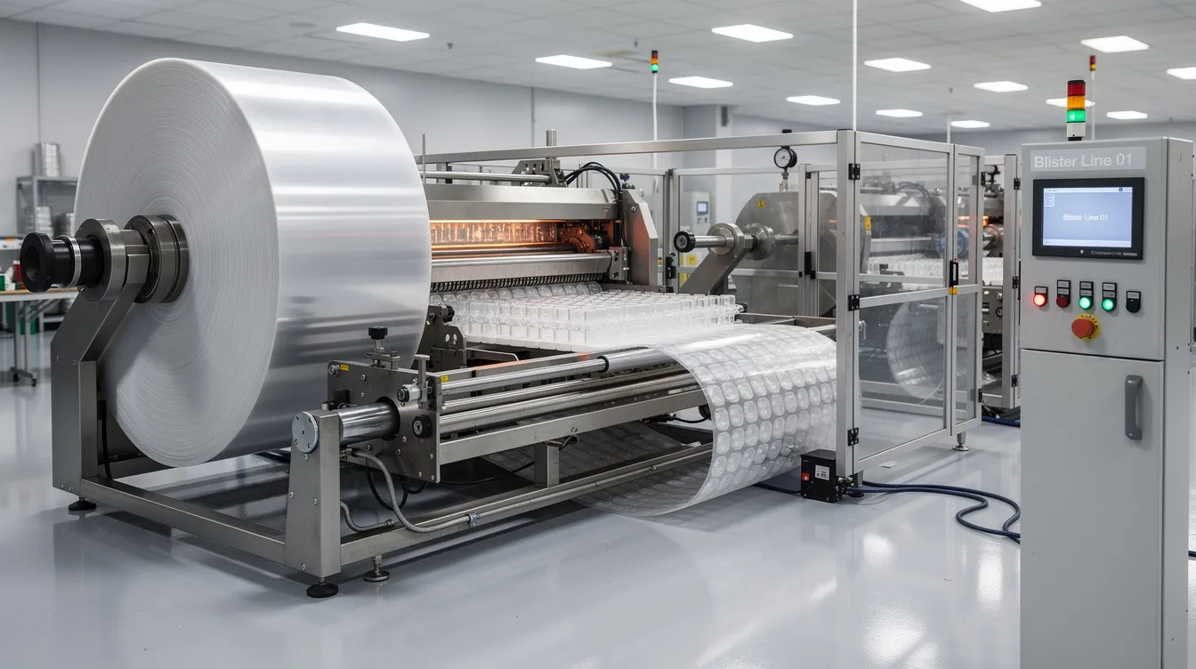 The image depicts an industrial blister packaging machine in a factory setting, featuring rollers and forming dies used for producing pharmaceutical blister packs. This equipment is designed to protect light-sensitive products and ensure secure packaging of medications, such as pills and tablets, through a precise molding process.