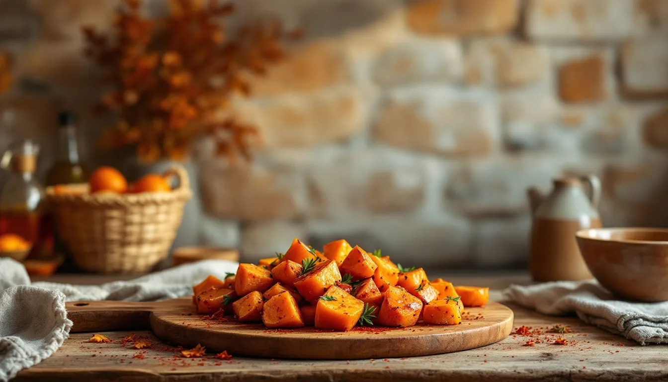 Roasted sweet potatoes and vegetables seasoned with smoked paprika.