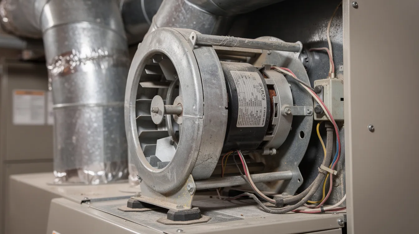 The image shows a close-up view of a residential furnace blower motor and fan assembly, highlighting essential components that contribute to the heating system's efficiency. This assembly is crucial for the circulation of heated air, and regular maintenance can help prevent common furnace repairs and extend the furnace's lifespan.
