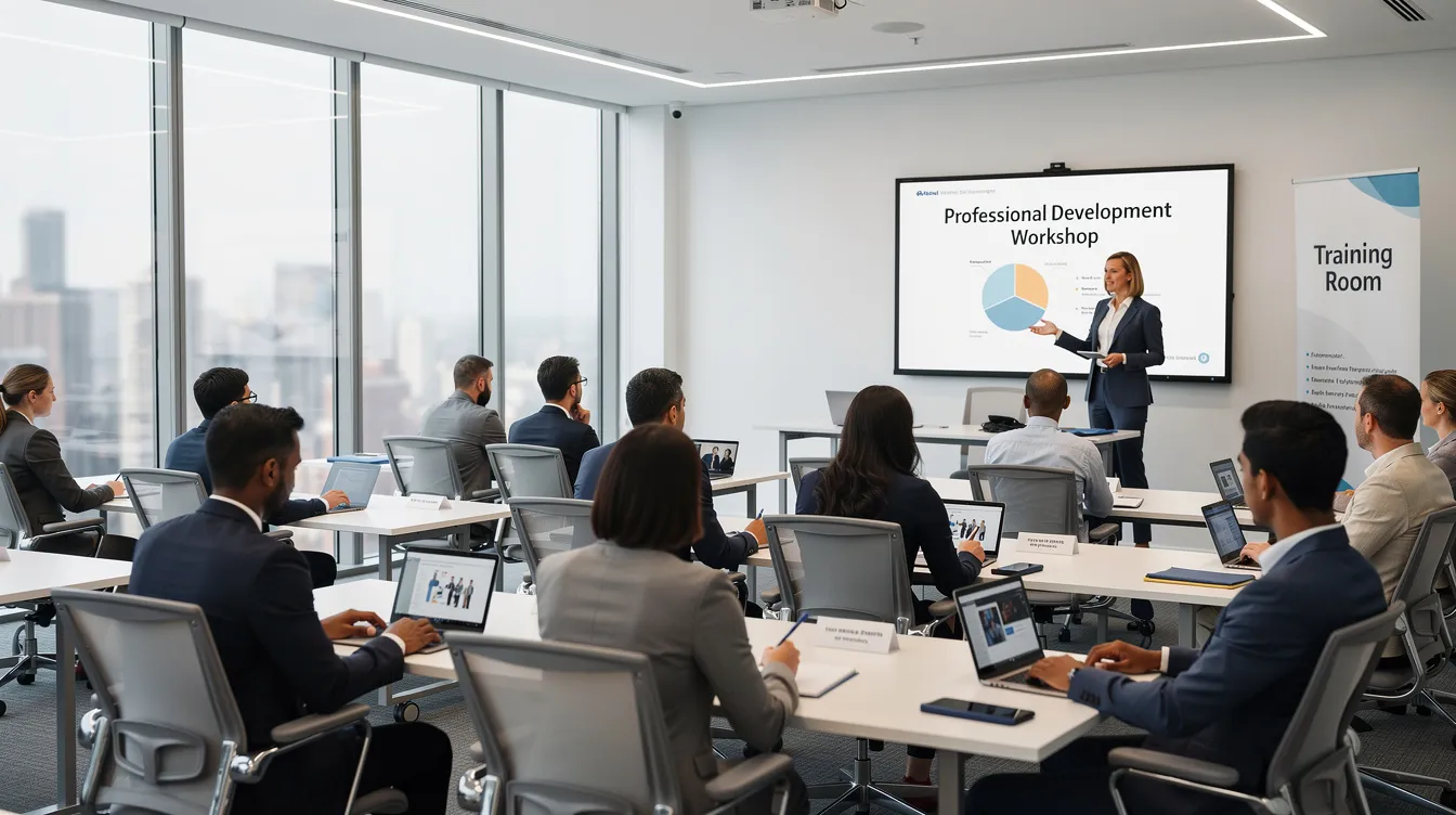 A modern training room filled with professionals in a class session about software engineering apprenticeships.