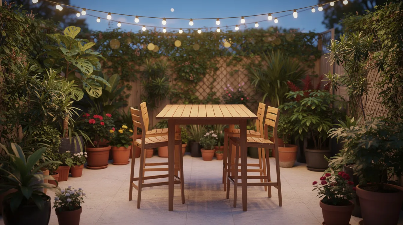 The image depicts a cozy outdoor party setup on a small patio featuring a bar-height wooden table with matching stools, surrounded by vibrant potted plants and illuminated by string lights. This inviting seating area is perfect for hosting guests, creating a relaxed atmosphere for enjoying drinks and conversations under the night sky.