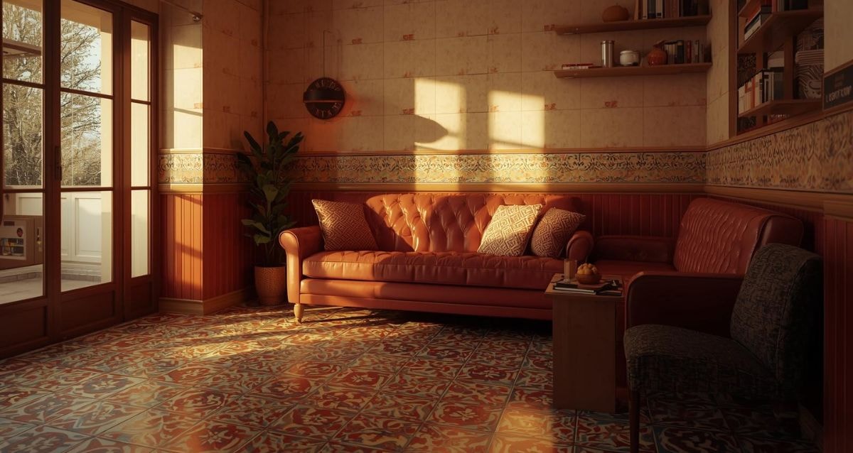 Retro tile floors in beautiful, earthy colors, perfect for taking photos