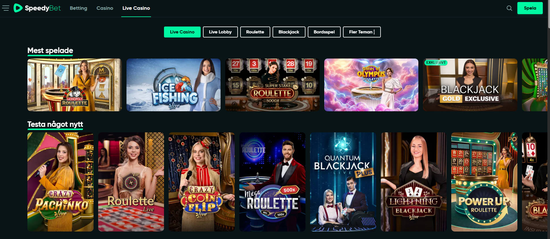 SpeedyBets live casino med roulette, blackjack och andra livespel.